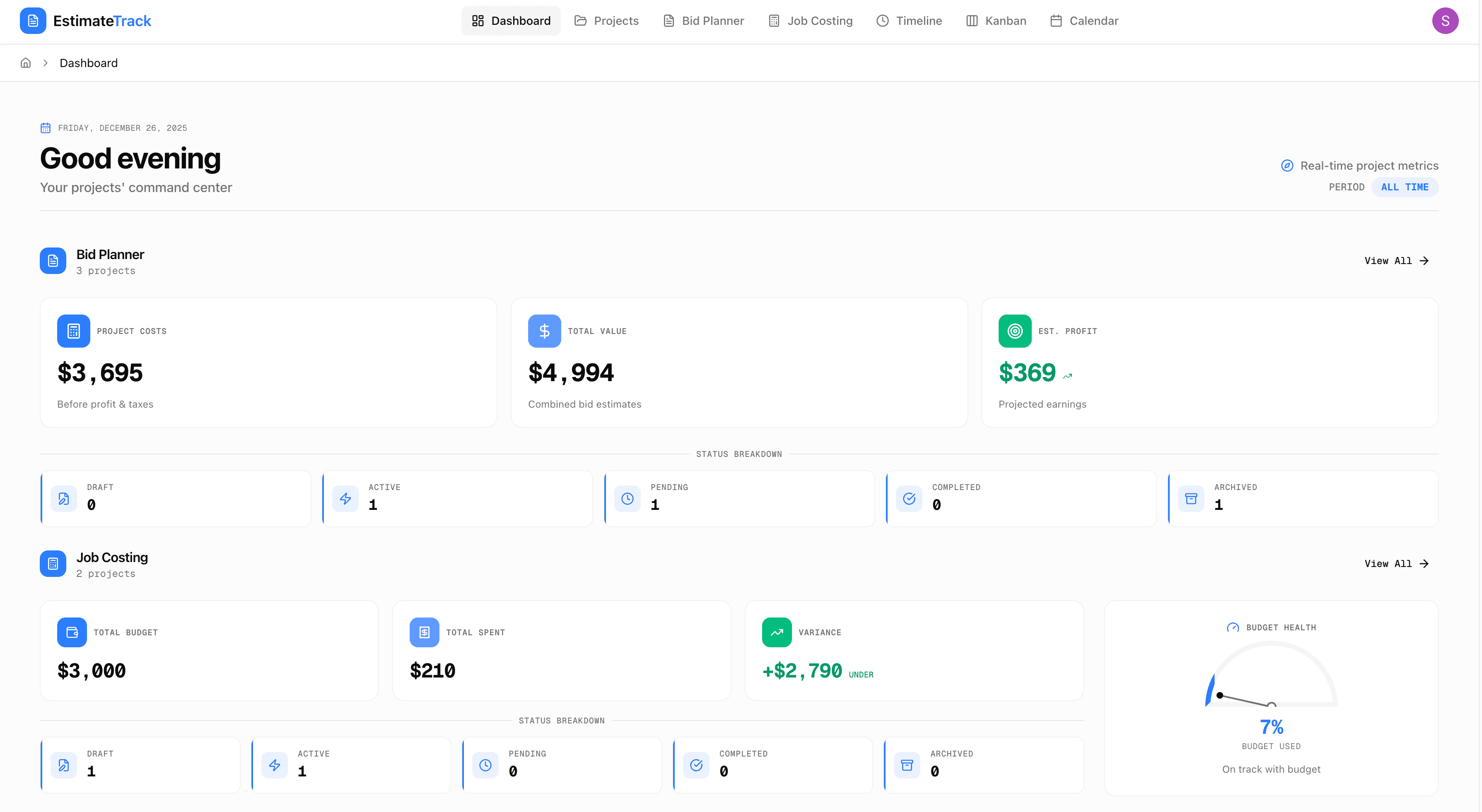 EstimateTrack Dashboard